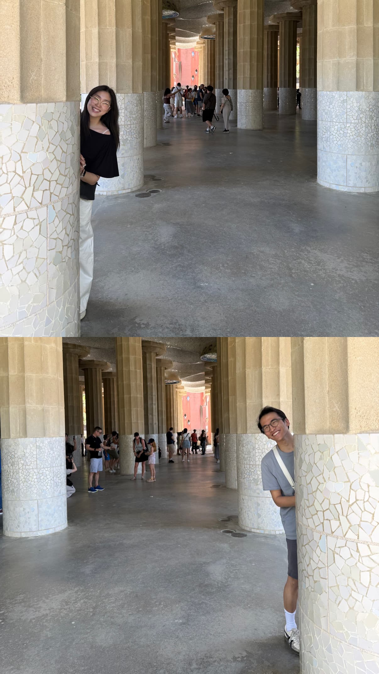 Two stacked photos, one of each of us leaning out from behind the same stone column in a colonnade.